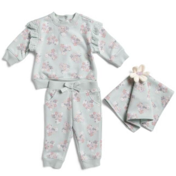 Cupcakes & C 9M Misty Blue Green Floral Heart Girls Sweatshirt Jogger Gift Set - Picture 1 of 7